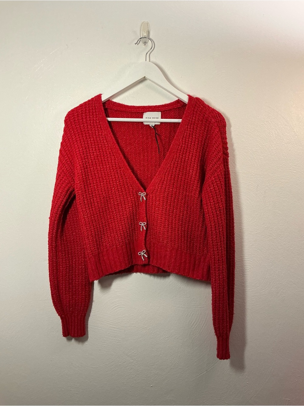 Pink Rose Red Cropped Knit Cardigan with Sparkly Bow Closures Size XS